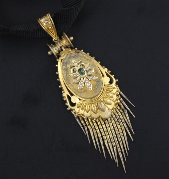 A Victorian gold, emerald and seed pearl set drop tassel pendant, 3.25in.